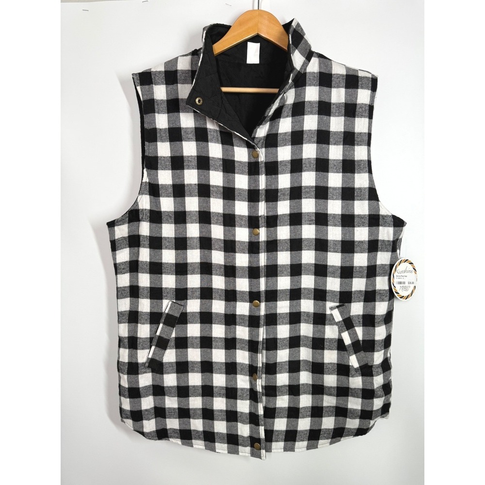 NWT Sunshine & Rodeos‎ Womens 3XL Black White Buffalo Plaid Quilted Vest Pockets